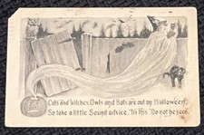 Vintage Sepia Gartner & Bender G&B postcard Hallowe'en cats witch owls bats JOL picture