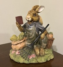 RARE VTG Henri Chrisdon Resin Rabbit Farmer Overalls Rake Book Garden Bunny picture