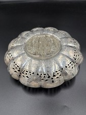 Vintage EP Copper Silverplate 8” Pierced Flower Bowl Vase w/ Glass Frog picture