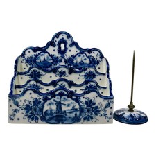 Delft Pattern Blue and White Letter Holder and Receipt Spindle Windmill Ship picture