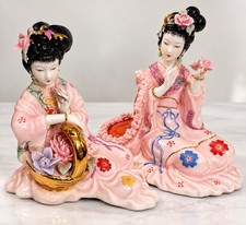 Set of 2 Asian Lady Porcelain Figurines Pink Floral Dress Gold Accents picture