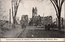 Chelsea MA 1908 Fire Ruins Universalist 1st Baptist Church City Hall Postcard picture