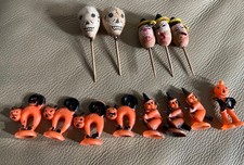 Vtg Lot Halloween Cupcake Toppers Spun Cotton Skull Witches & more  picture