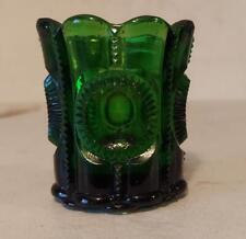 Vintage Pressed Glass Green Beaded Medallion Toothpick Holder picture
