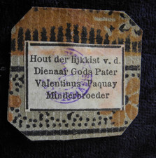 ANTIQUE DUTCH VALENTINUS PAQUAY COFFIN WOOD DEVOTIONAL RELIC PAPER WRAPPER (2) picture