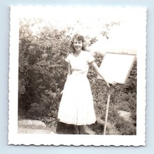Old Vintage Square Photo SOLO SMILING WOMAN PRETTY DRESS STANDING OUTSIDE picture