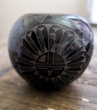 Red Starr Sioux Black Sgrafitto Seed Pot with Inlaid Turquoise picture