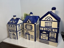 Vintage CKAO 3pc Village Canisters Blue & White Victorian Houses picture