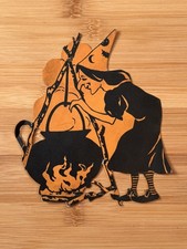 HTF RARE Dennison? 1920-30’s Halloween Witch & Cauldron Die-Cut Paper Decoration picture