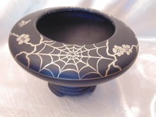 Super RARE Tiffin SPIDERWEB Black Satin Glass Sterling Overlay Bowl & Base Set picture