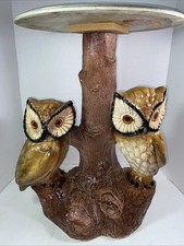 Vintage Mid-Century Modern 1970's Plaster 2 Owls on Tree Branch End Table picture