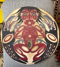 Original 1992 Manuel Salazar Hand-Painted Coast Salish Rawhide Drum - Cowichan T picture