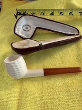 Vintage Lattice Block Meerschaum Pipe Unsmoked Billiard Genuine Amber Stem Case picture