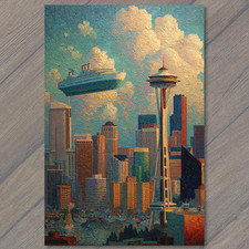 POSTCARD Seattle Space Needle Skyline Floating Cruise Ship Surreal City picture