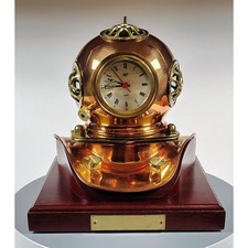 Rare Vintage Schatz Miniature German Divers Diving Helmet Clock Copper & Brass picture