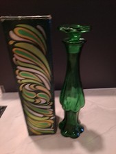 VINTAGE EMERALD GREEN GLASS Empty PERFUME BOTTLE BUD VASE Midcentury Vase picture