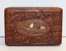 Vintage Retro Hand Carved Medium Wooden Stash Trinket Box Gold Filigree Flower picture