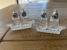 2 Vintage Fostoria American Clear Cube Glass Salt & Pepper Shaker Sets with Tray picture