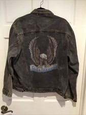 Vintage Harley Davidson Faded Black Eagle Back Denim Jacket Silver Button sz L picture