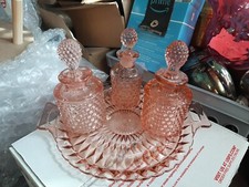 Vintage Duncan Miller Pink Hobnail LARGE Bottle Set With TRAYGORGEOUS A+GREAT picture