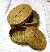 Old Covered Baskets Nested Woven Treasure Storage Gift Box Mid Century NOS Pair picture