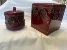 Vtg. Croscill Imperial Empress Maroon & Gold Bathroom Jar w/Lid and Tissue Box picture