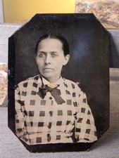 Antique 1800s Tintype Woman Checkered Dress Gold Tinted Brooch Victorian Photo picture