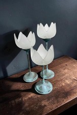 Vintage Verdigris Lotus / Tulip Candle Holders Set of 3 – Frosted Glass Votives picture