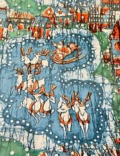 VTG SANTA SLEIGH REINDEER CHRISTMAS WRAPPING PAPER GIFT WRAP ON BLUE picture