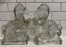 2 MCM Vintage L.E. Smith Glass Rearing HORSE BOOKENDS Clear 8