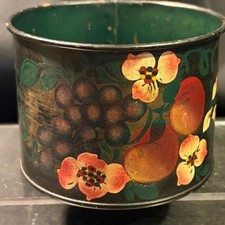 Vintage Hand Painted Toleware Tin Cup Folk Art Grapes Floral Green Metal Mug picture