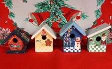 4 Handmade WOODEN BIRDHOUSE Ornaments Vtg 1980s Christmas Santa Angels Snowman picture