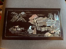 Vintage Korean Najeon Lacquer Box Mother of Pearl Zodiac Ashtray Ginkgo Leaf picture