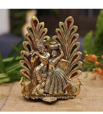 Radha Krishna Idol Peacock Design Gold-Plated Metal Diya 7 x 5 Inches picture