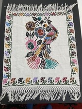 Vintage Hand Embroidered Peacock Bird Floral Folk Art Textile Fringe 31x36 picture
