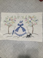 Vtg Completed Cross Stitch Crinoline Lady Southern Belle Scottie Dog 10x14.5 picture