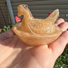 Vtg Mini Hen on Nest Slag Glass Carmel Brown Salt Cellar Trinket Dish picture