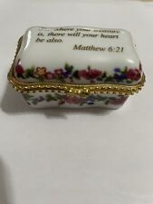 Imperial Porcelain Trinket Box Roses Rectangle Bible Verse Matthew 6:21 picture