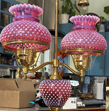 ULTRA RARE Vintage Fenton Cranberry Opalescent Hobnail Double Floor Lamp Brass picture