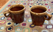 HULL USA BROWN DRIP GLAZE POTTERY COFFEE CUP MUG PAIR O RING HANDLE LOT 2 MCM EU picture