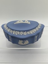 Vintage Wedgwood Jasperware Blue White Cherubs Oval Trinket Box Ceramic England picture
