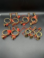 9 Vintage Hosley Solid Brass French Horn Ornaments Lot 3 Sizes India Tassel picture