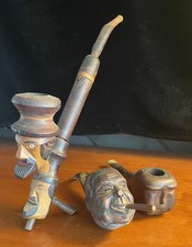Three Vintage Carved Wooden Pipes, Double and Single Head Figures picture