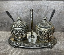 Vtg Harrison Fisher Silver Plated Floral Condiment Jam Caddy with Spoons HF-0917 picture