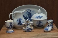 Vintage Delft Blue Cream Sugar Plate Boot Egg Cup Dutch Girl Set Windmill picture