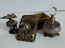 Vintage Glass Ornate Metal Perfume Bottles Flowers Enamel*Ornate Trinket Box picture