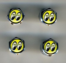 Mooneyes 4 Chrome Plated Brass Tire Valve Caps Car Bike Golf Carts Rat Fink picture