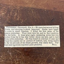 Nov 1878 Fowl Hunting Report From Savannah Tennessee 1878 Article AG2-S16 picture