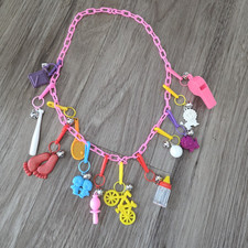 Vtg 80s Plastic Charm Bell Chain Pink Necklace 12 Charms picture