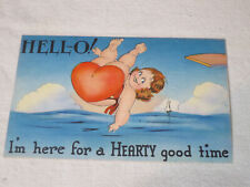 Vint LINEN Postcard Risque' HELLO I'm here for a Hearty Good Time Beach Beauty picture